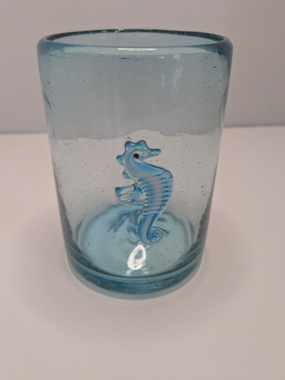Mexican Hand-Blown Glass Tumbler Seahorse 6 Inches Tall Light Blue Coastal Beach